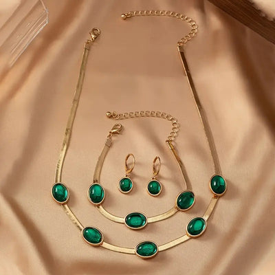 Elegant  Inspired Jewelry Set, Golden Necklace With Gemstone Pendants