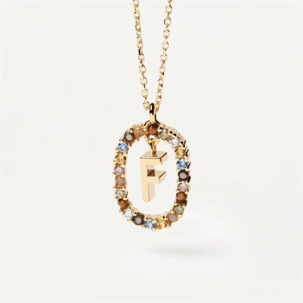 Colored Rhinestone Necklace 26 Alphabet Necklace 18K Gold Plated