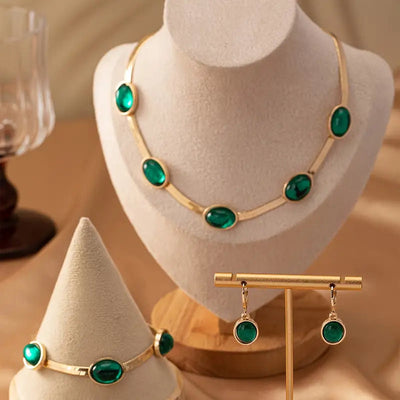 Elegant  Inspired Jewelry Set, Golden Necklace With Gemstone Pendants