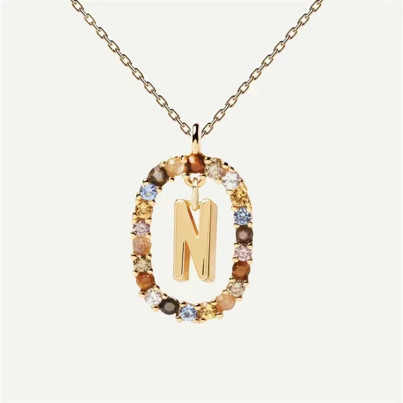 Colored Rhinestone Necklace 26 Alphabet Necklace 18K Gold Plated