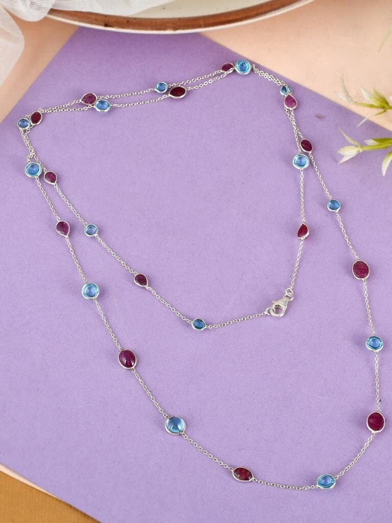 Natural Ruby Blue Topaz Necklace Sterling Silver Top Quality 925 Silver Multi Gemstone  Necklace Ruby Blue Topaz Gemstone Necklace 26Cm