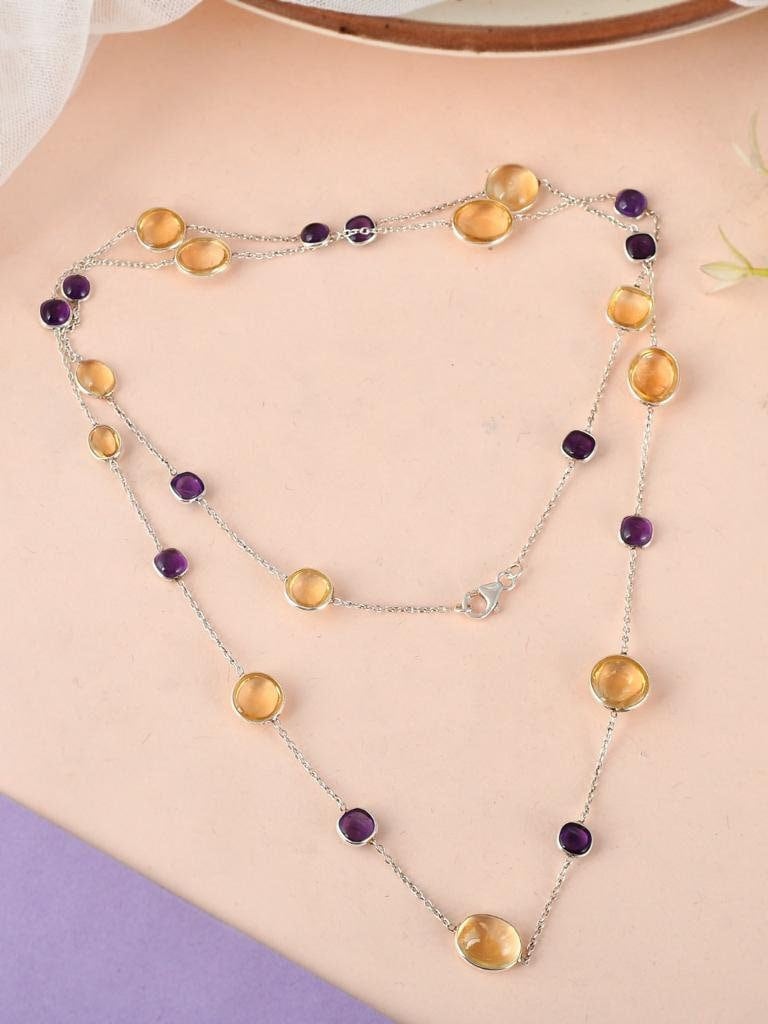 Amethyst Yellow Quartz Necklace Top Quality 925 Silver Multi Gemstone Necklace Natural Amethyst Yellow Quartz  Sterling Silver Necklace 26Cm