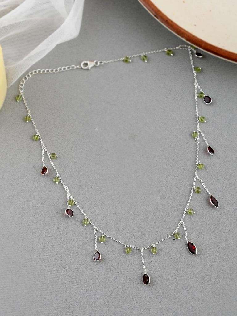 Natural Garnet Peridot Necklace Sterling Silver Top Quality 925 Silver Multi Gemstone  Necklace garnet Peridot Gemstone Necklace 18Cm