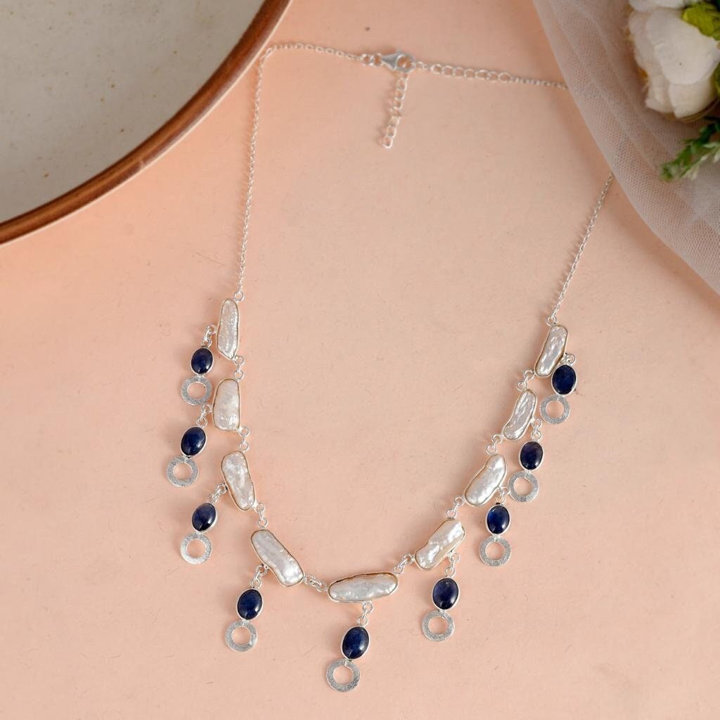 Natural Kyanite Pearl Necklace Top Quality 925 Silver Necklace Kyanite Pearl Gemstone Necklace Handmade Kyanite Pearls Sterling Silver 18Cm