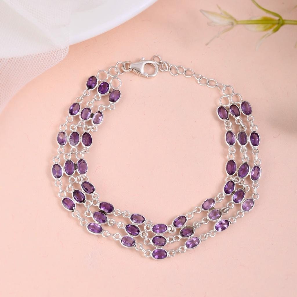 Natural Amethyst Bracelet Sterling Silver Top Quality 925 Silver 3 Lines Amethyst Gemstone Bracelet Amethyst Gemstone