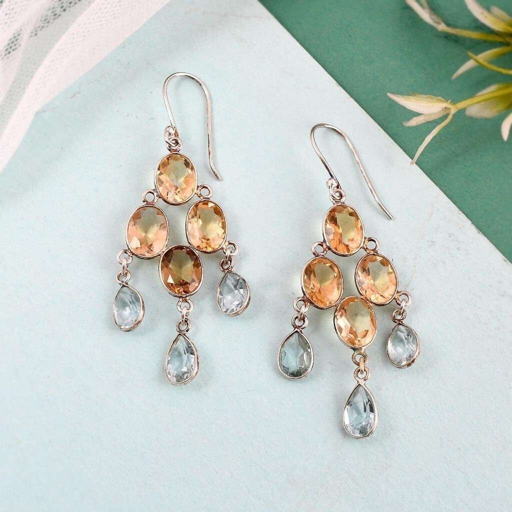 Natural Citrine Clear Quartz Earrings Sterling Silver Top Quality 925 Silver Citrine Clear Quartz Gemstone Earrings Citrine Quartz Gemstone