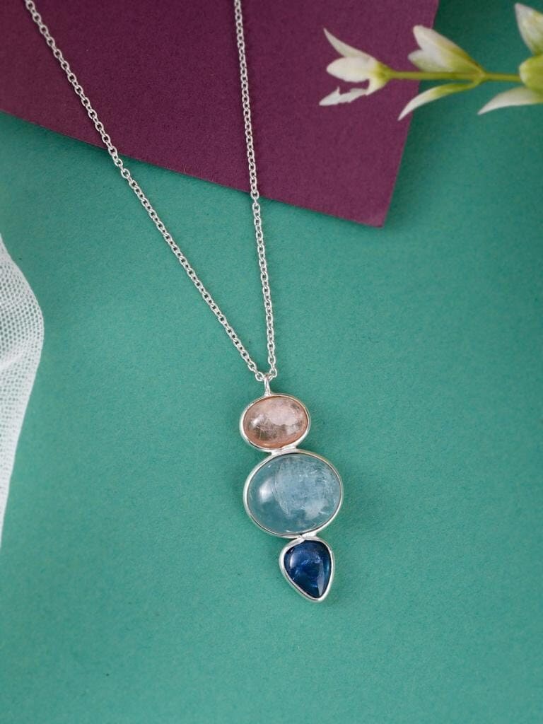 Natural Rose Quartz Blue Topaz Kyanite Necklace Top Quality 925 Silver Necklace Gemstone Necklace Handmade Rose Quartz Sterling Silver 18Cm