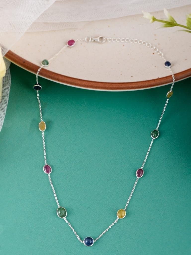 Natural Emerald Ruby Necklace Sapphire Necklace Top Quality 925 Silver Multi Gemstone  Necklace Ruby Emerald Sapphire Gemstone Necklace 18Cm