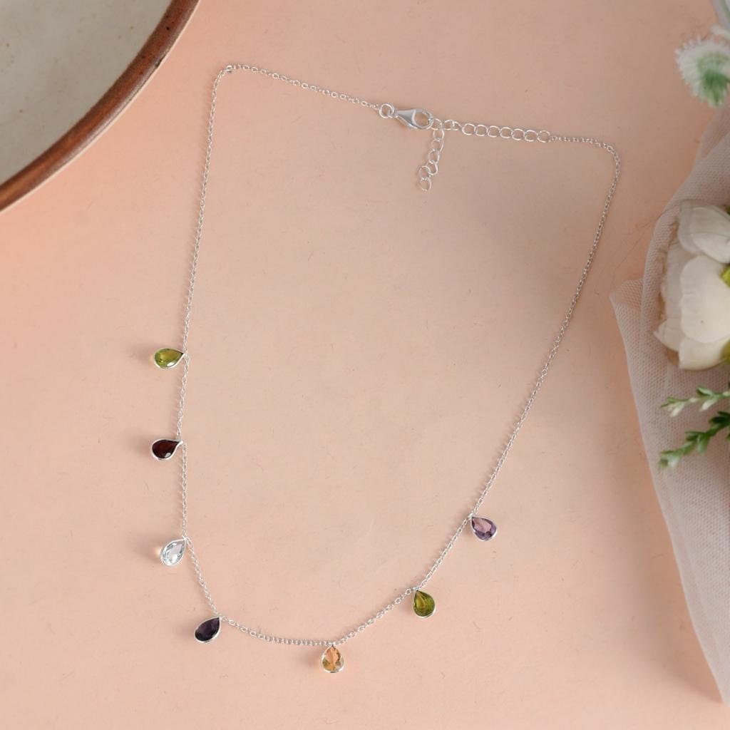 Garnet Zircon Peridot Amethyst Necklace Necklace Top Quality 925 Silver Multi Gemstone  Necklace Sterling Silver Handmade Necklace 18Cm