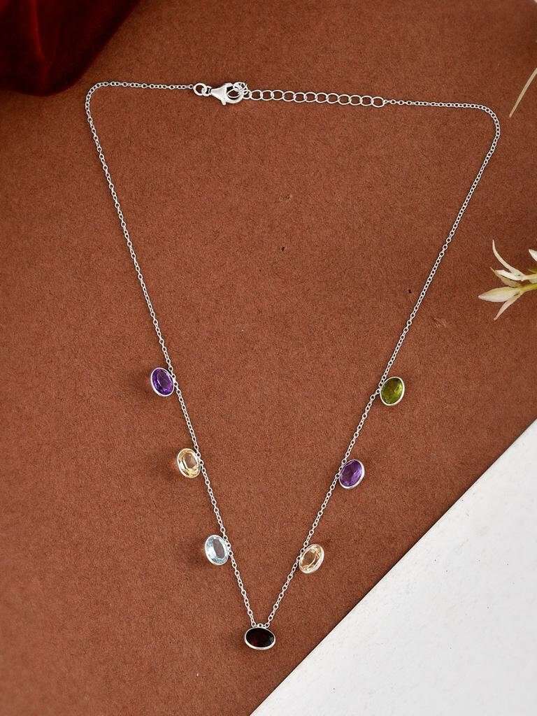 Amethyst Peridot Necklace Citrine Garnet Blue Topaz Necklace Top Quality 925 Silver Multi Gemstone  Necklace Sterling Silver  Necklace 18Cm