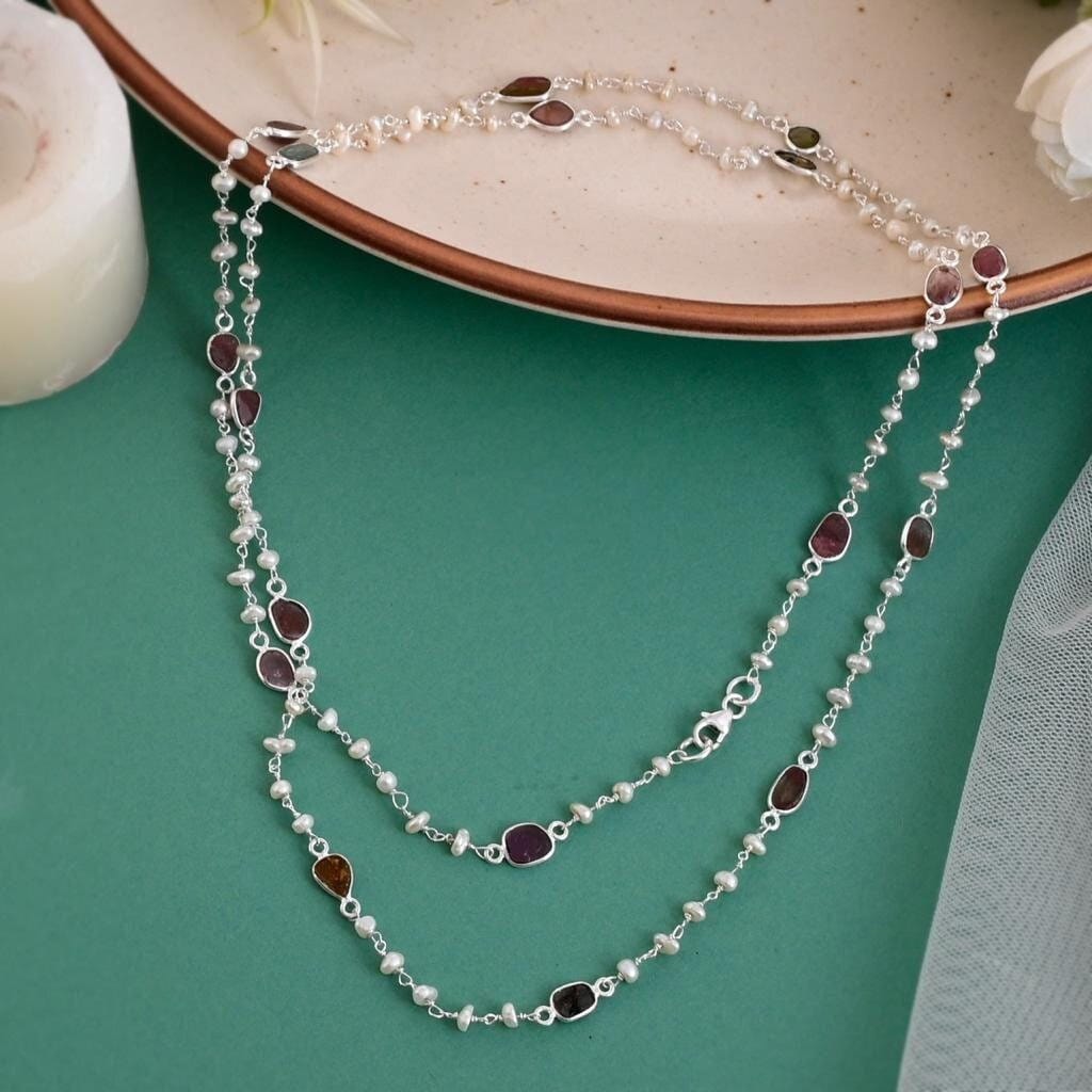 Multi Tourmaline Necklace Top Quality 925 Silver Necklace Natural Tourmaline Gemstone Long Necklace Handmade Tourmaline Sterling Silver 26Cm