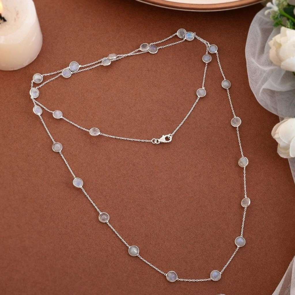 Moonstone Necklace Top Quality 925 Silver Necklace Natural Moonstone Gemstone Necklace Handmade Sterling Silver Necklace Long Necklace 26Cm