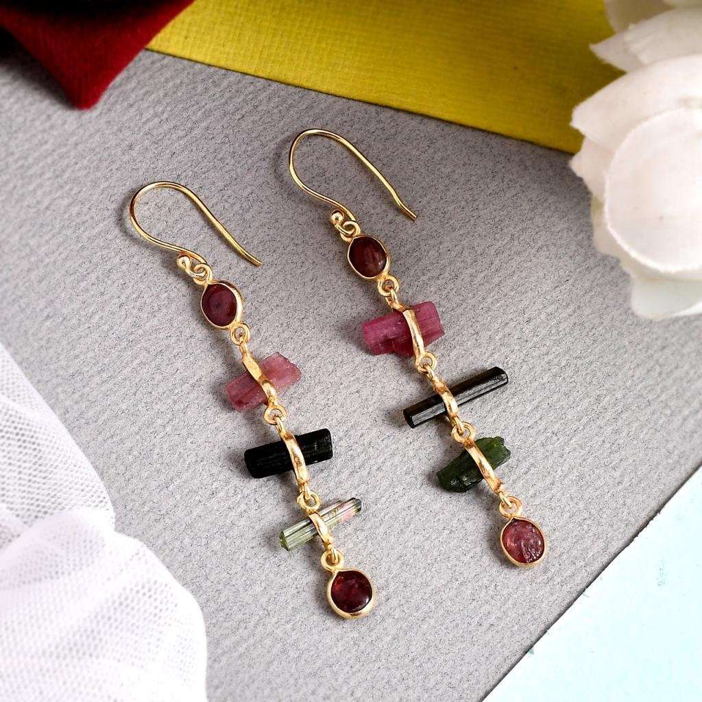 Multi Tourmaline Earrings Top Quality 925 Silver Earrings Natural Tourmaline Gemstone Handmade Raw Rough Tourmaline Sterling Silver Earrings