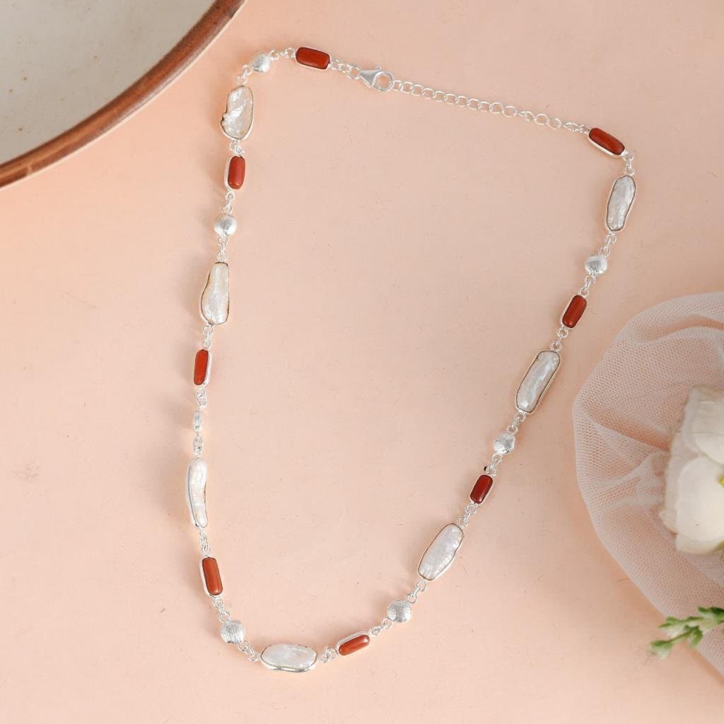 Natural Pearl Coral Necklace Top Quality 925 Silver Necklace Coral Pearl Gemstone Necklace Handmade Coral Pearls Sterling Silver 18Cm